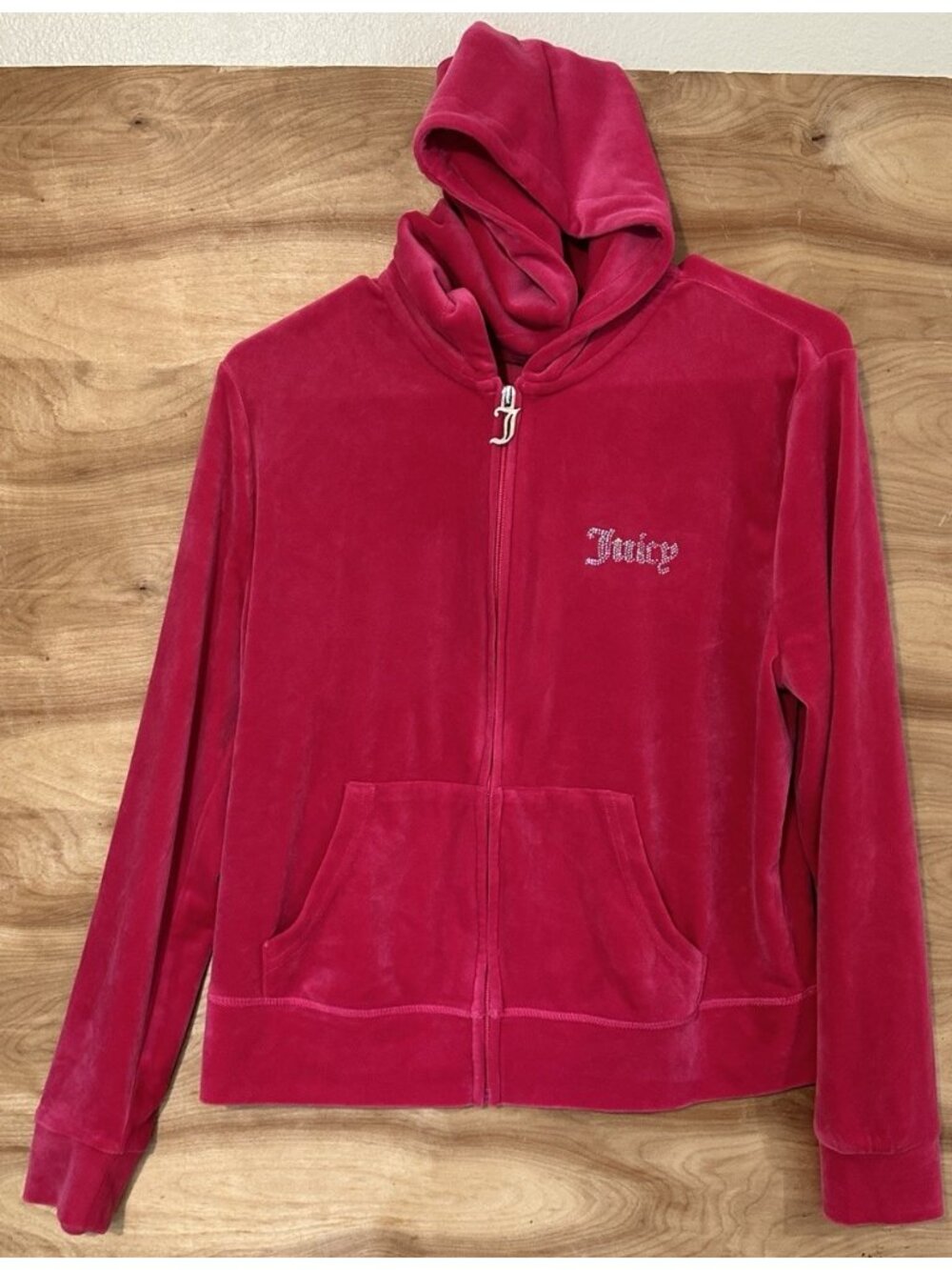 Juicy Couture Velour Hoodie Large Pink Studded Bedazzle Y2K Zip